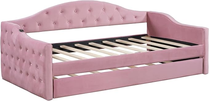 Bellemave Twin Size daybed Frame with Trundle for Adults, Kids, Girls, Teens, Tufted daybeds with Trundle for Living Room, Velvet, (Mattress not Included), Pink