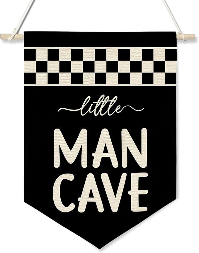 Little Man Cave Wall Banner for Boys Room – Black & White Checkered Canvas Wall Hanging Sign for Kids Playroom, Toddler Bedroom Decor, Cool Poster Gift for Son or Grandson 11x16 inch(KD25)