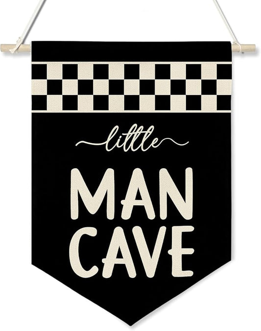 Little Man Cave Wall Banner for Boys Room – Black & White Checkered Canvas Wall Hanging Sign for Kids Playroom, Toddler Bedroom Decor, Cool Poster Gift for Son or Grandson 11x16 inch(KD25)