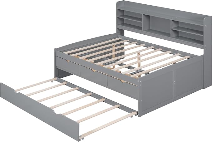 Harper & Bright Designs Full Size Captain Bed with Built-in Bookshelves/3 Storage Drawers/Trundle, Wooden Full Daybed Bed Frame for Kids Teens Dorm Bedroom Multipurpose Guest Room, Light Grey