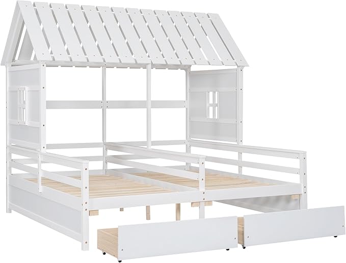P PURLOVE Double Shared Bed,Two Twin Size House Platform Beds with Drawers for Boy and Girl, House Bed Frame Combination of 2 Side by Side Twin Size,White