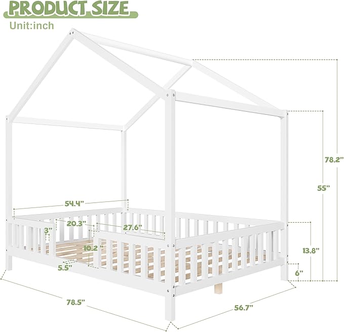 Montessori Floor Bed with Canopy, High Railings and Roof, Full Size Wood House Bed Frame for Kids Bedroom (White/C)