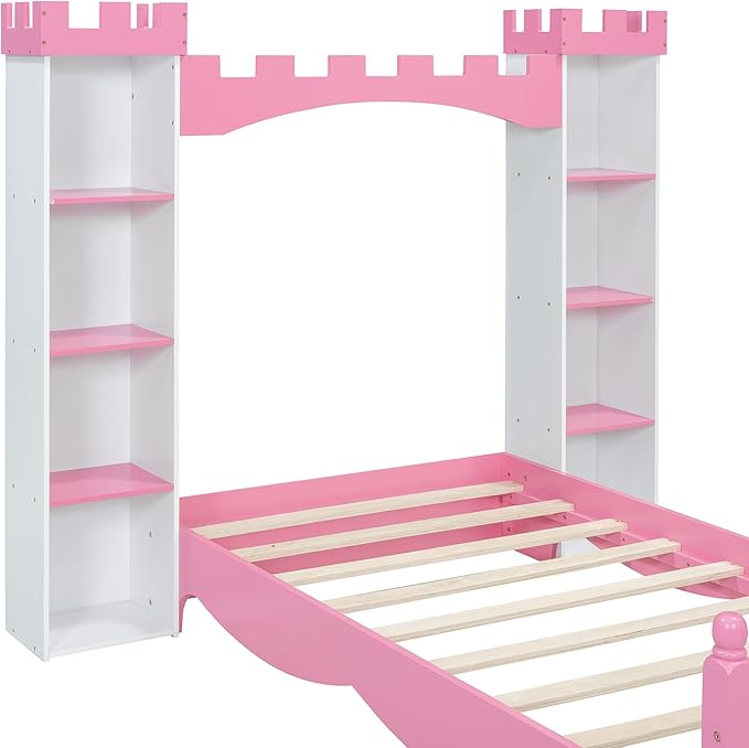 Castle-Shaped Wooden Platform Bed with Storage Shelf, Dreamy Twin Size Kids Platform Bed for Girls Boys Bedroom, Sturdy Slats Support (White+Pink Castle)