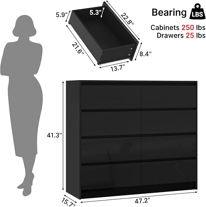 Black Malm High Gloss Dresser for Bedroom, 47" Wide 41" Tall Dresser with 8 Drawers, Modern Large Wood Chest of Drawer Handle Free, Living Room, Entryway, Hallway, Black