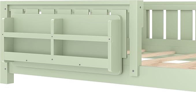 Bellemave Full Size Floor Bed with high Rails and with Built-in Bookshelf for Kids, Girls, Boys, Wood Montessori Floor Bed Without Door, Avocado Green