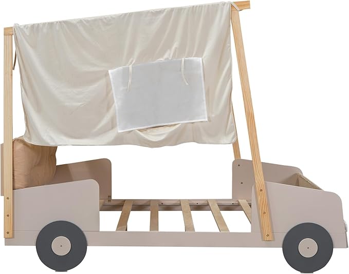 Full Size Car Bed with Pillow & Car Headlights Shaped LED Light,Wood Kid Bed Frame W/Ceiling Cloth & Magazine Holder,Toy Bedroom Furniture for Boys Toddlers Child,Natural