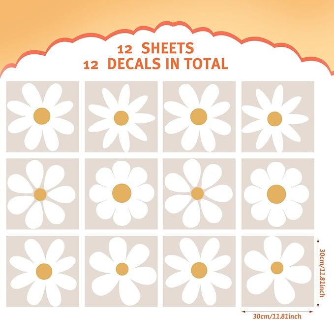 TaoBary 12 Sheets Daisy Wall Decal Flower Wall Sticker Cute Daisy Sticker Pink White Flower Decal Peel and Stick Floral Wallpaper for Nursery Bedroom Home Decor(White, Yellow,Novelty Style)