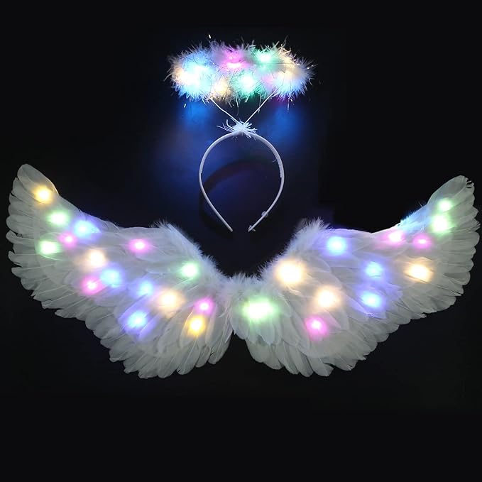 Angel Wings, Light Up Angel Wings and Halo with LED Lights, White Angel Wings Costume for Adult Women Kids Halloween Xmas