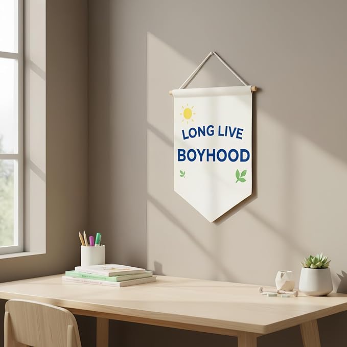 Long Live Boyhood Banner – Double Sided Day & Night Linen-Look Canvas Wall Hanging Flag for Boys Room Decor, Toddler Nursery, Kids Playroom, Bedroom Pennant
