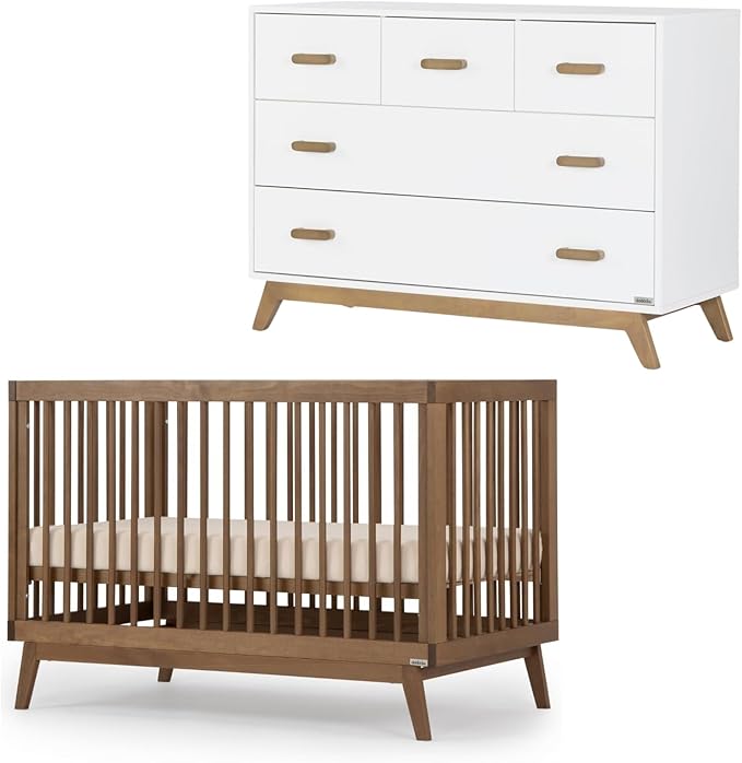 dadada Soho Baby Nursery Furniture Set. Baby Crib and Dresser Set Combo. Soho 3 in 1 Convertible Crib and Matching 5 Drawer Dresser. Walnut Beechwood