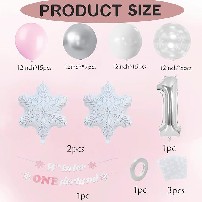 First Birthday Decorations For Girl-Girl Winter Onederland 1st Birthday, Pink White Snowflake Balloons, 40 Inch Silver 1 Balloon And Winter Onederland Banner For Baby Girl 1st BD Decorations