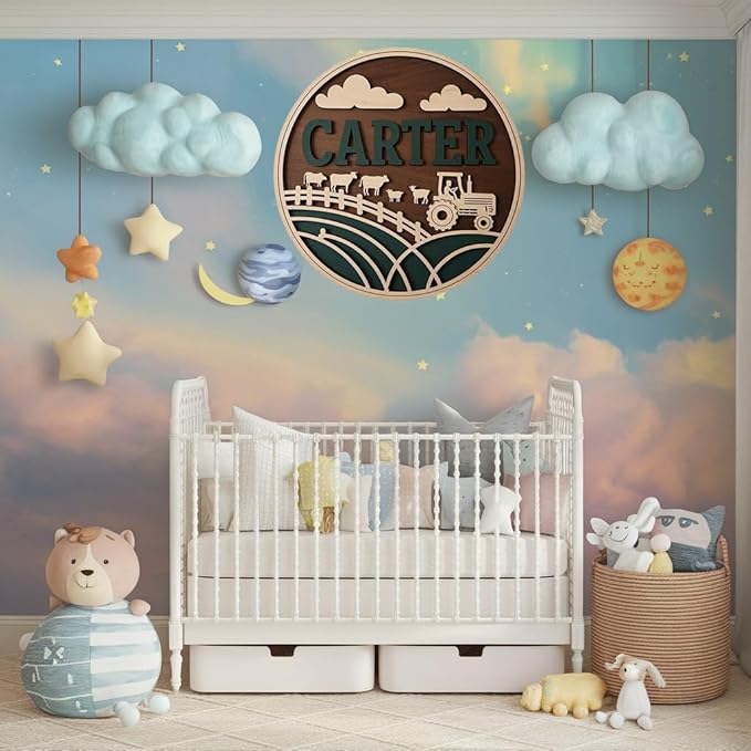 Personalized Name for Nursery Wall, Farm Sign for Baby Door Decor, Newborn Gifts for Boy, Boys Nursery Wall Bedroom Decorations, Mother's Day Gifts for New Mom Dad Gift