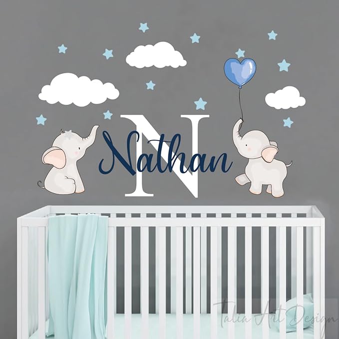 Personalized Elephant Wall Stickers - Custom Name & Initial with Clouds & Stars Nursery Decal for Baby Girl or Boy Room Decor.
