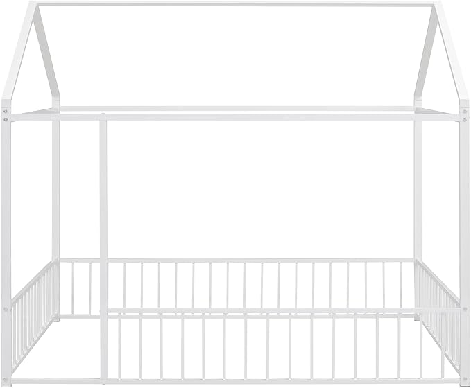 Bellemave Full Size Montessori Floor Bed, Metal House Bed Framefor Kids, Montessori Floor Beds with Fence, Playhouse for Kids, White
