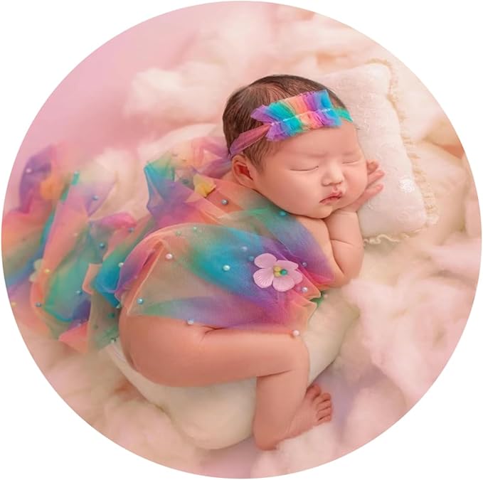 Newborn Baby Photography Props Blanket, Baby Photo Props Pearl Wrap Blanket Headband for Baby Boys Girls Photoshoot (Rainbow)