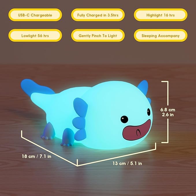 UNEEDE Axolotl Night Light for Kids, Animal Silicone Nursery Night Lamp, Rechargeable Table Lamp Bedside Lamp, Cute Room Decor Night Light for Bedroom Living Room Dining Desk Decor Gift Kawaii Toys