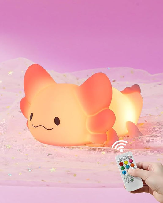 ZKLiLi Remote Axolotl Kids Nightlight,Cute Lamp Dimmable Axolotl Night Light Gifts with Timer & 16 Colors,Rechargeable Bedroom Smart LED Bedside Lamps Toddler Night Light（Remote）