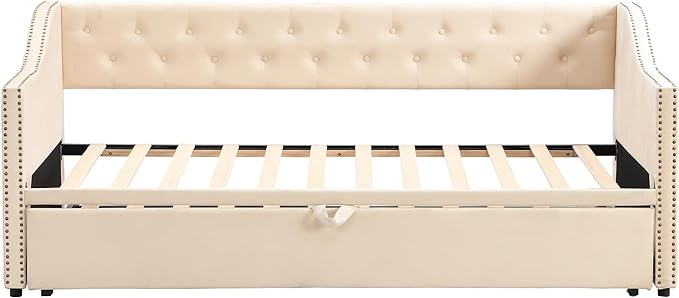 Merax Twin Size Upholstered Velvet Daybed with Pop Up Trundle, Multi-Functional Sofa Bed with Backrest and Two Armrest for Kids Room, Guest Room, Living Room, Beige