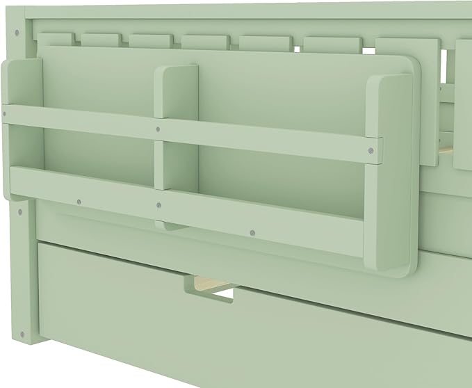 Bellemave Full Size Kids Bed with high Rails and with Built-in Bookshelf and Trundle for Kids, Girls, Boys, Wood Montessori Bed Without Door, Avocado Green