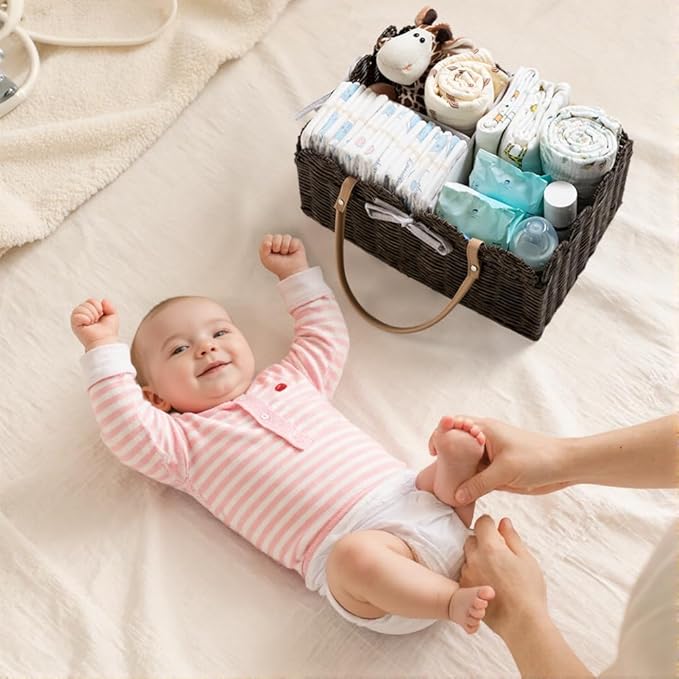 HBlife Baby Diaper Caddy Organizer, Washable Waterproof, Large Portable Scalloped Wicker Woven Basket with Divider, Nursery Diaper Station, Baby Shower Gifts Basket - Newborn Essentials, Car Organizer