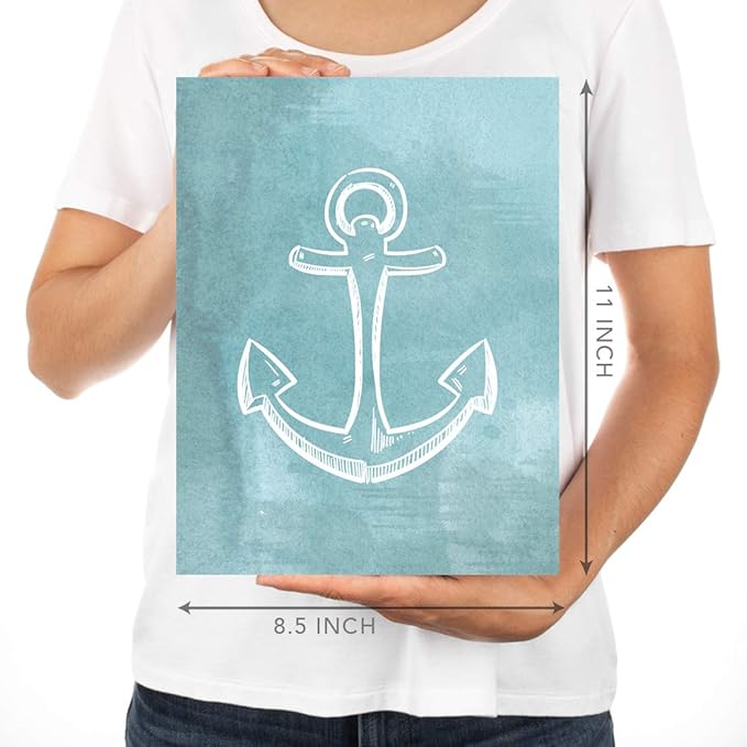 Andaz Press Ocean Nautical Sailor Theme Nursery Kids Bedroom Hanging Wall Art Decor, 8.5x11-inch, Watercolor Aqua Blue, Compass, Anchor, Shell Graphics, 6-Pack, Unframed Room Poster