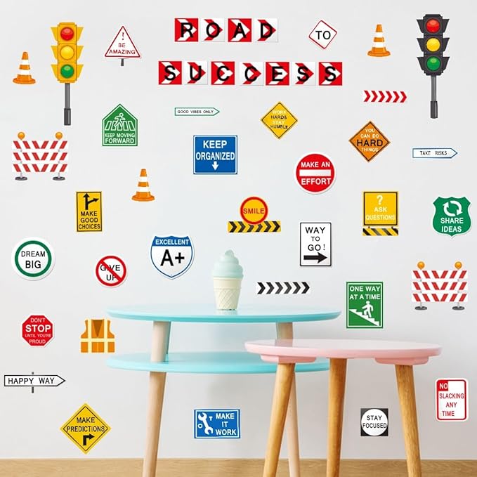 Road to Success Wall Decal, Inspirational Quote Traffic Sign Vinyl Wall Stickers, Removable Street Transportation Educational Artwork for Classroom Office Playroom Decor