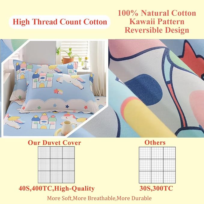 100% Cotton Kids Duvet Cover Set - Unicorn & Rainbow Bedding Queen Size, Kawaii Comforter Cover for Girls & Boys, Soft Breathable Bedding Set with Cute Design(Unicorn,Queen)