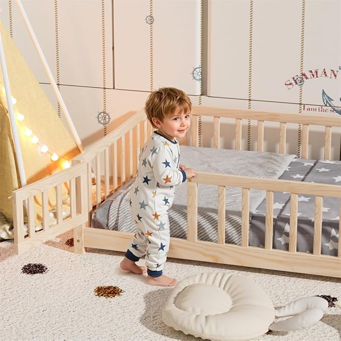 i-POOK Full Floor Bed for Children, Sturdy Wood Montessori Bed Frame with Wood Slats, Fence & Door, Montessori Floor Bed for Girls and Boys, Natural (with Bed Slats)
