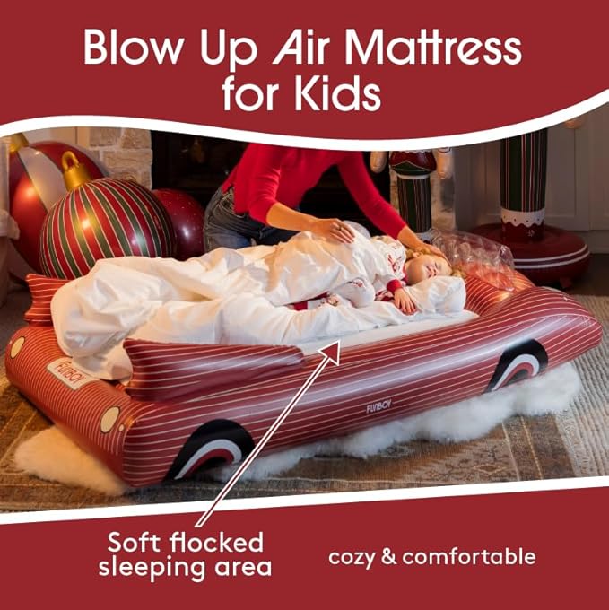 FUNBOY Christmas Convertible Kids Sleeper Air Mattress – Inflatable Red Striped Car Bed with Soft Flocked Surface, Easy Setup