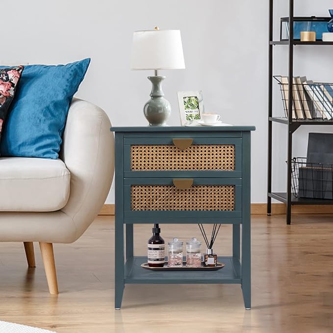 2 Drawers End Table for Living Room, Rattan Nightstand Bedside Table with Metal Handles for Living Room, Bedroom, Small Place(Green)