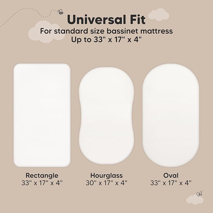 2-pk Waterproof Bassinet Sheets Girls, Boys, Cotton - 33x17 Universal Bassinet Mattress Pad Protector Cover, Compatible with Graco,Baby Delight,Chicco,Halo Bassinest Swivel Sleeper Fitted (Soft White)