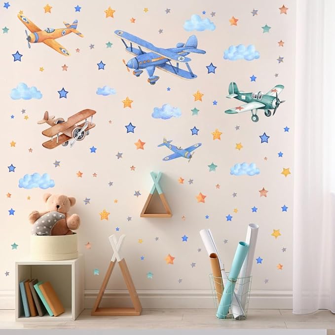 Watercolor Airplane Wall Decals, Classic Aircraft with Stars Clouds Vinyl Wall Stickers,Removable Vintage Airplane Artwork for Kids Boys Bedroom Kindergarten Playroom Decor