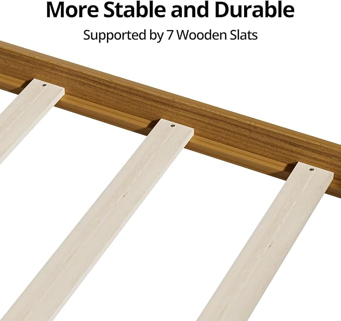 LLS Full Size Montessori Floor Bed Frame with Slats and Fence, Wooden House Bed for Boys Girls Bedroom, Light Espresso