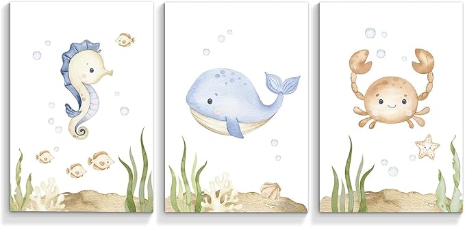Wodkwq Nursery Wall Art Sea Animal Canvas Prints Baby Girl Boy Room Decor Watercolor Paintings Pictures Cute Ocean Theme Toddler Room Decoration Set of 3 for Kids Bedroom Bathroom 16x24in Unframed
