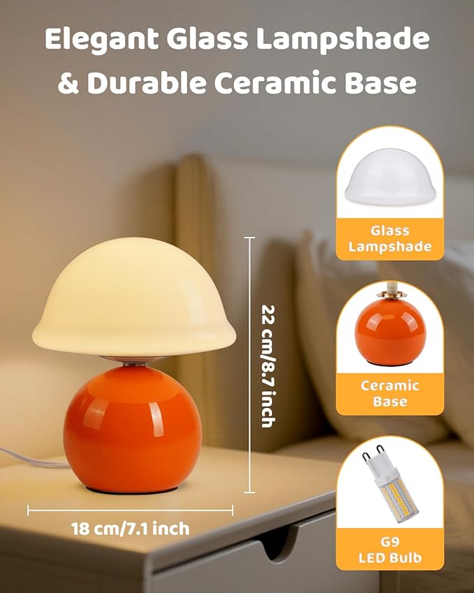 Mushroom Lamp for Bedroom, Cute Small Bedside Table Lamp with Glass Lampshade, Dimmable Nightstand Lamp Mid Century Modern Lamp for Home Living Room Decor (Orange)
