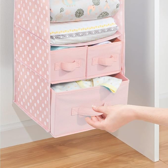 mDesign Fabric Hanging Organizer - Over Closet Rod Storage with 7 Shelves and 3 Removable Drawers for Baby Nursery Bedroom Organization - Holds Clothes, Toys, Accessories - Pink/White Polka Dot