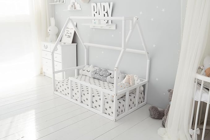 BUSY WOOD Toddler Floor Bed - Montessori Bed with Rails - Floor Bed for Toddlers - House for Kids - Floor Bed Frame - Toddler Bed - Montessori Bed (Model 1 for Sleeping ONLY)