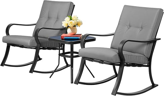 SUNCROWN Outdoor 3-Piece Rocking Chairs Patio Bistro Set Black Steel Furniture with Thickened Cushion and Glass-Top Coffee Table, Grey