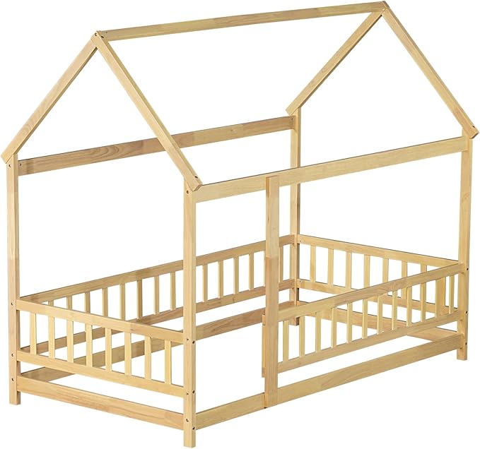 Ball & Cast Twin Size Floor Bed,Montessori Bed with Roof & Safety Guardrails Design,Wooden Toddler House Bed Frame W/Open Door,for Girls Boys,Natural