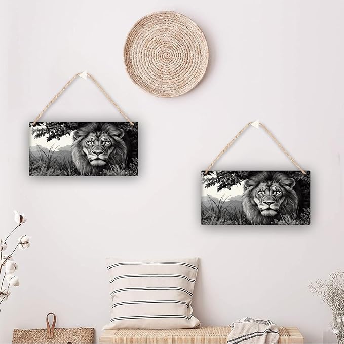 Rustic Monochrome Lion Decor wood plaques for crafts12x6 Inch, Wood Wall Decor & Plaque for Bedroom, Entryway, Kitchen & Nursery, Nice Home Decor Wood Sign for Craft Lovers