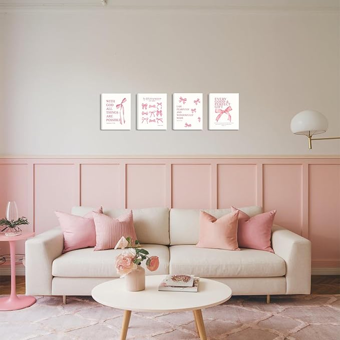 Coquette Pink Bow Y2K Bible Verse Wall Art Set of 4, Christian Scripture Inspirational Canvas Prints, Cute Girly Preppy Aesthetic Religious Wall Decor for Bedroom Nursery Living Room Home 8x10In Framed