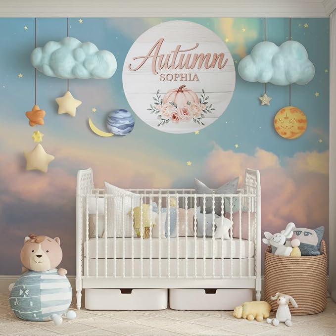 Personalized Baby Name Signs for Nursery, Pumpkin Sign for Baby Door Decor, Newborn Gifts for Girl, Girls Nursery Wall Bedroom Decorations, Mother's Day Gifts for New Mom Dad Gift
