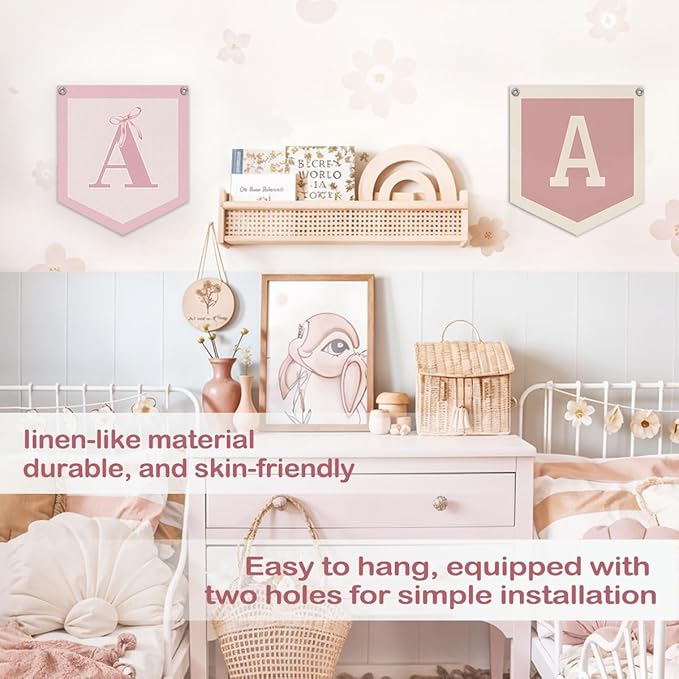Lacama Initial Personalized Preppy Banner, Baby Shower Decor Girl Nursery Decor, Coquette Pink Bow Teen Girl Gifts, Vintage Room Toddler Room Bedroom Playroom Front Door Birthday Gift(A)
