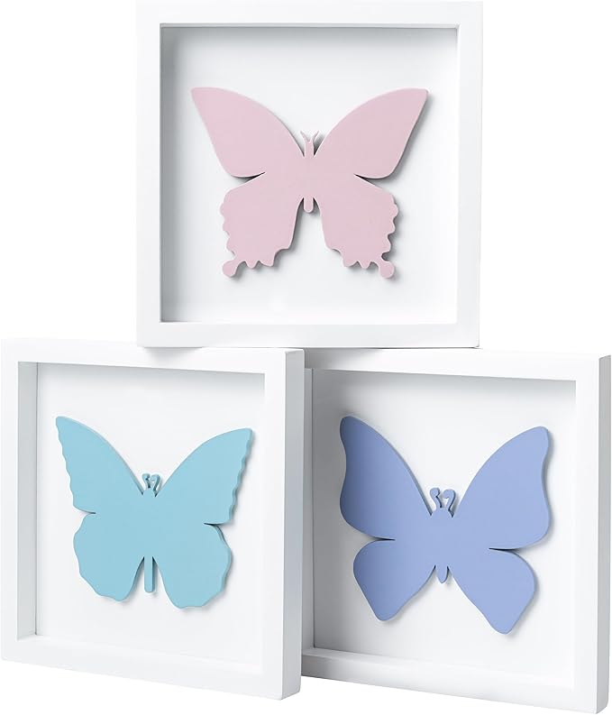 Tide and Tales 3D Butterfly Room Decor for Girls, Set of 3 (7”x7”) Framed Wooden Wall Art for Nursery, Nature-Inspired Bedroom Decorations, Butterfly Decor for Baby Girl, Perfect Baby Gift