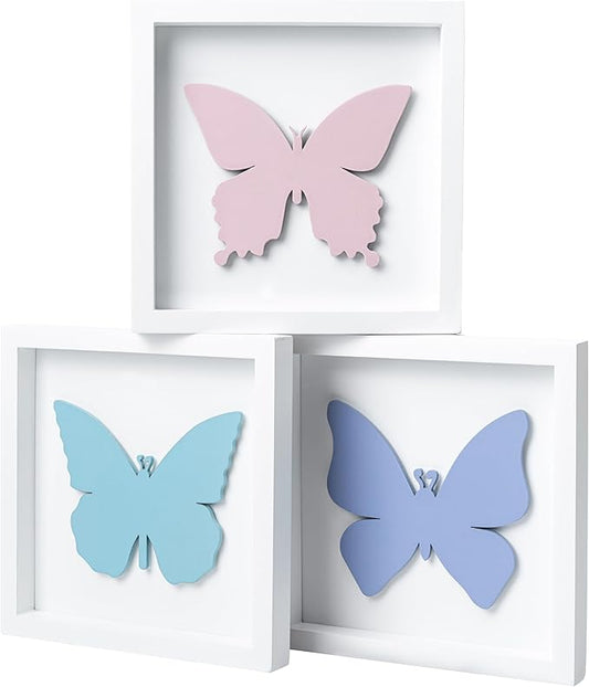 Tide and Tales 3D Butterfly Room Decor for Girls, Set of 3 (7”x7”) Framed Wooden Wall Art for Nursery, Nature-Inspired Bedroom Decorations, Butterfly Decor for Baby Girl, Perfect Baby Gift