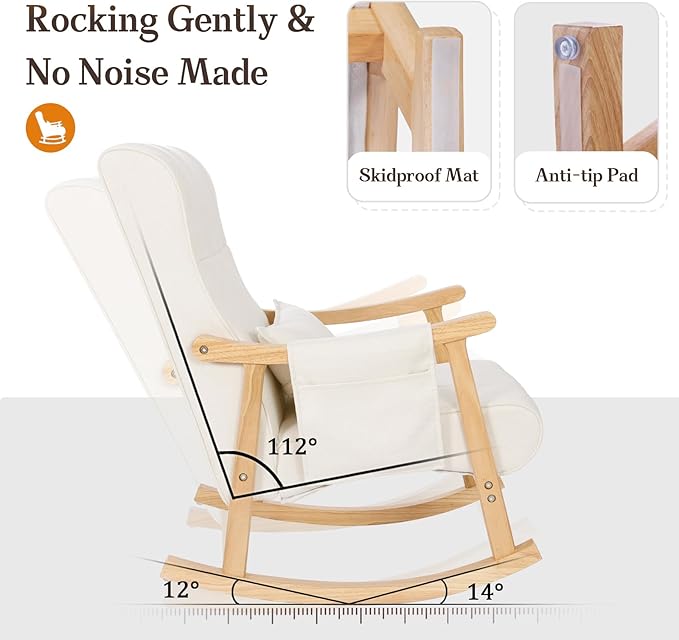 NOBLEMOOD Rocking Chair Indoor with Ottoman, Nursery Rocking Chair with Lumbar Pillow, High Back Upholstered Solid Wood Frame Rocker for Living Room