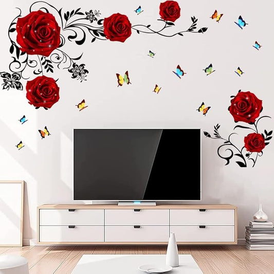 Supzone Red Rose Wall Stickers - DIY Vinyl Mural Art for Bedroom, Living Room, Sofa Backdrop & TV Wall Decoration