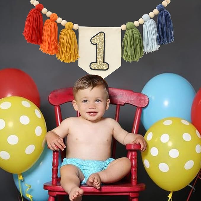 Handmade Rainbow 1st Birthday High Chair Banner Party Decoration For Girl Baby Wall Hangings Decorative Happy One Birthday Boy Photoshoot Props Photo Props