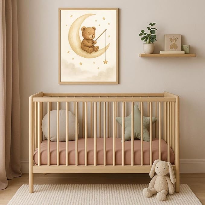 XBQZFLHT 3Pcs Bear Nursery Wall Art Teddy Bear Moon and Stars Canvas Prints Cute Animal Sleeping on the Moon and Cloud Neutral Baby Room Decor Pictures for Boys and Girls 12x16in Unframed