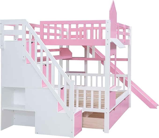 Full-Over-Full Castle Style Bunk Bed with 2 Drawers and 3 Shelves, Wood Bunk Bed Frame with Slide and Storage Staircase for Kids Teens Boys Girls, Maximize Space Savings